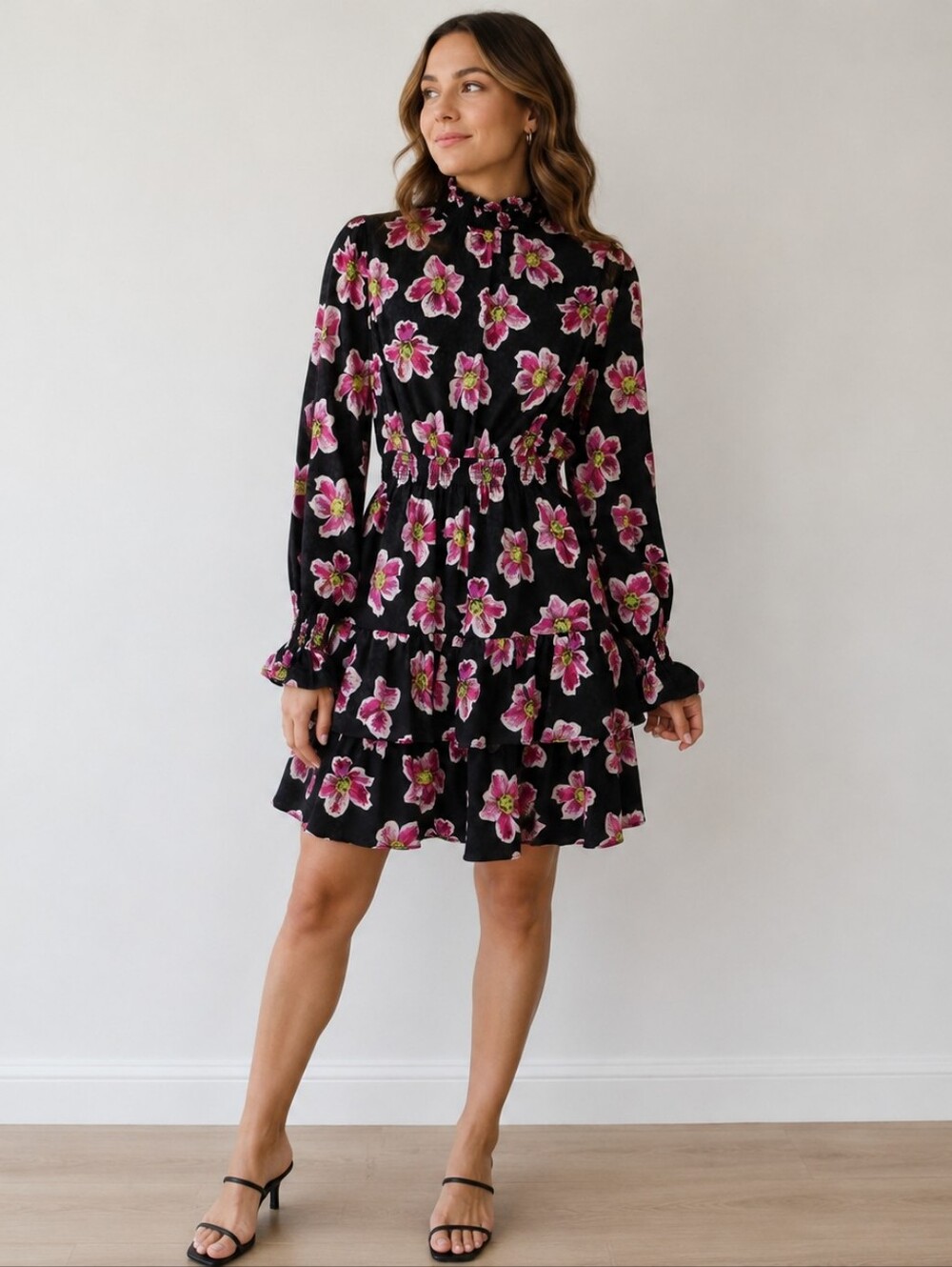Borgo De Nor Yulia Dress Black Pink Floral High Neck Ruffle Satin Mini Size 6